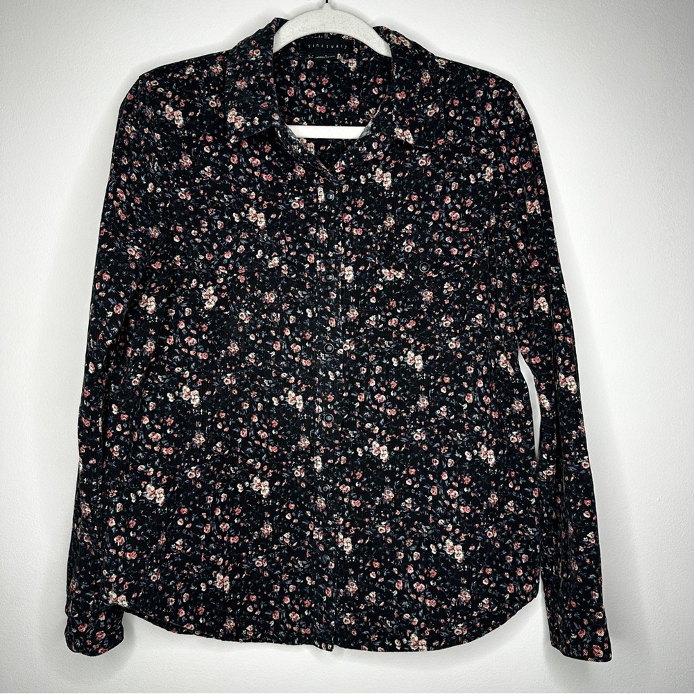 Sanctuary navy button-up work shirt with a small floral print 100% cotton
